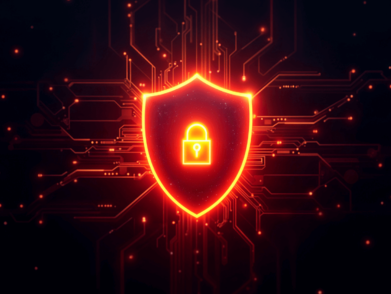 Red shield with padlock symbolising cybersecurity and internet security.